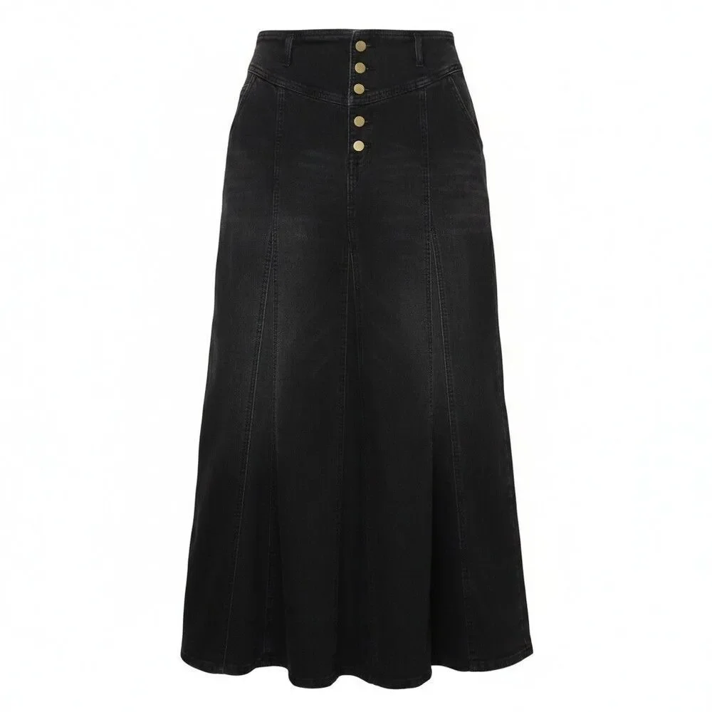 CHARTOU Black Denim Maxi Skirt ButtonFly Size XL Retro A-Line Y2K/90s Distressed